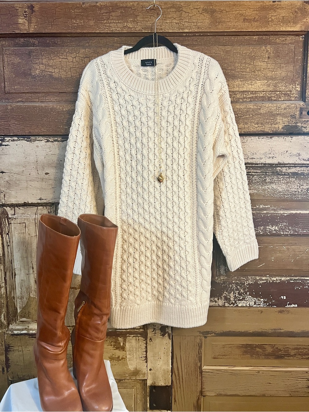 VICI Chunky Cable Knit Cream Tunic Sweater NWOT
